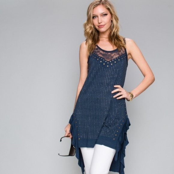nwt VOCAL TUNIC TANK LACE NAVY STUDS gorgeous dress slimming sexy slenderizing - Picture 5 of 5